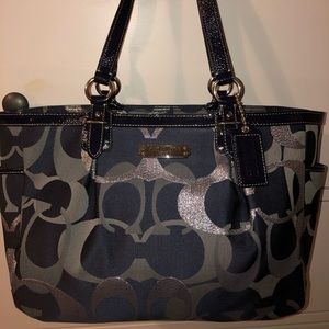 Coach metallic signature tote, navy & silver